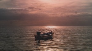 sea, boat, sunset, twilight, evening
