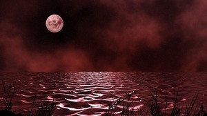 sea, night, moon, waves, dull, red - wallpapers, picture