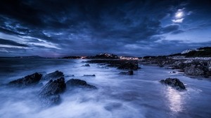 sea, night, moon, clouds, stones, shore, lights - wallpapers, picture