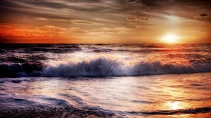 mare, oceano, surf, tramonto, schiuma, hdr