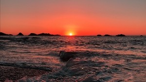 sea, ocean, sunset, foam, surf, horizon