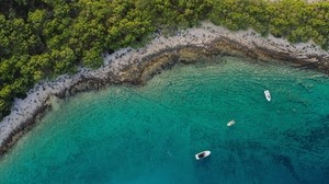 sea, island, top view, boats, beach - wallpapers, picture