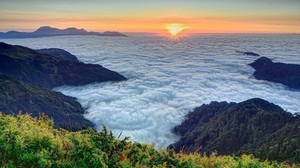 sea, foam, sky, mountains, evening