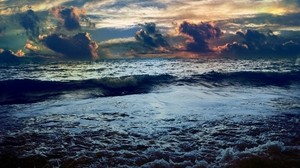 sea, foam, clouds, volumetric, shadows, wave, horizon, merger, creepy - wallpapers, picture