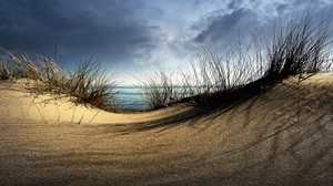 sea, sand, grass, hill, cloudy, coast, hollow - wallpapers, picture