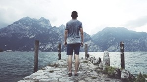 sea, pier, mountains, man, freedom - wallpapers, picture