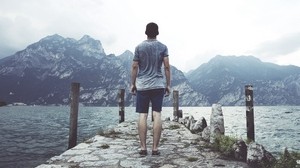 sea, pier, mountains, man, freedom