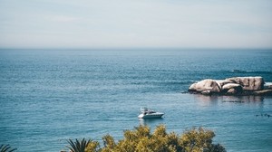 sea, coast, horizon, trees, yacht, stones