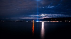 sea, coast, the city, lights, light, laser - wallpapers, picture