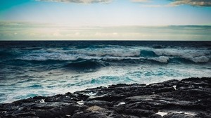 mar, costa, piedra, olas, horizonte - wallpapers, picture