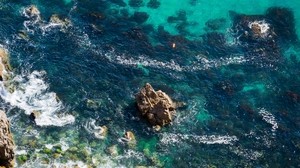 sea, coast, top view, water, stones