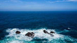 sea, surf, stones, horizon