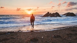 sea, surf, loneliness, sunset, man, solitude, wales, united kingdom - wallpapers, picture