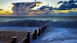 sea, pier, foam, light, evening - wallpapers, picture