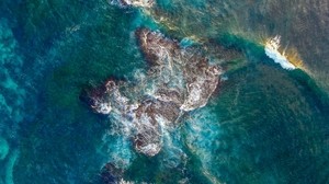 sea, reef, top view, waves, water - wallpapers, picture