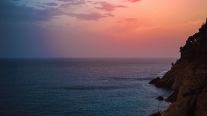 sea, rock, dusk, water, coast, horizon