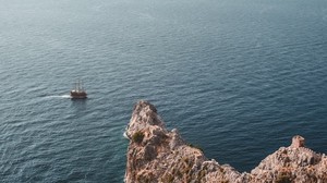 sea, rock, top view, ship, water - wallpapers, picture