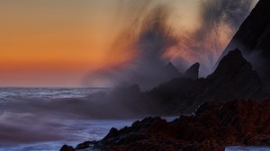 sea, rocks, surf, waves, sunset