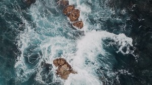 海，岩石，顶视图，波浪，水