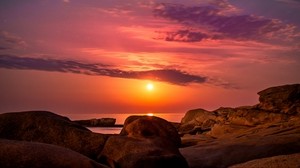 mar, rocas, puesta de sol, cielo, españa