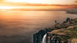 sea, cliff, waterfall, sunset, landscape - wallpapers, picture