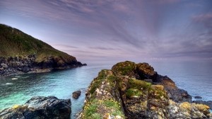 sea, evening, stones, rocks, grass