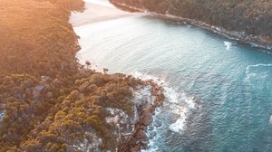 sea, top view, trees, bay, sunlight
