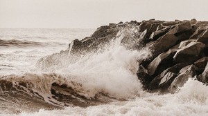 sea, waves, spray, stones, shore, surf