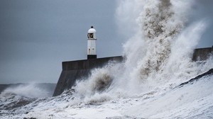sea, waves, lighthouse, storm, water, spray