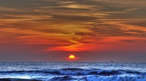 sea, waves, the sun, sunset, sky, storm