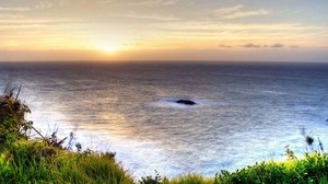 hav, höjd, kust, greener, vegetation, kväll, solnedgång, horisont, landskap
