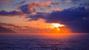 sea, sunset, horizon, sun, water, waves