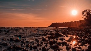 sea, sunset, stones, shore, light - wallpapers, picture