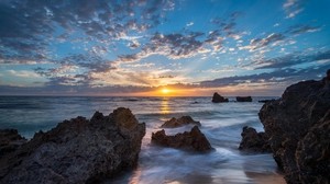sea, sunset, stones, shore - wallpapers, picture