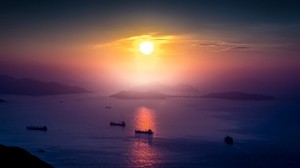 sea, sunset, boats, pier, horizon