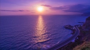 sea, sunset, bridge, horizon, purple, lilac