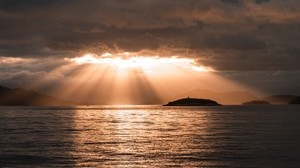 sea, sunset, clouds, sun rays, light - wallpapers, picture