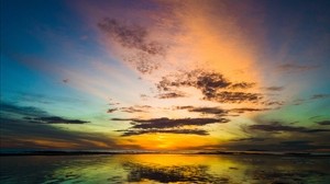 海、夕日、風景、雲、地平線