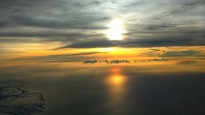 sea, sunset, top view, clouds, overview, height