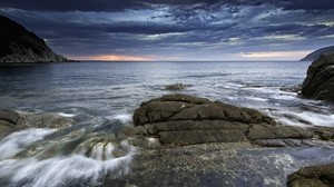 sea, bay, coast, stones, clouds - wallpapers, picture