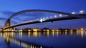 bridge, arch, design, lights, light, evening, reflection, city