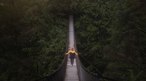 bridge, man, outboard, trees, forest, vancouver, canada - wallpapers, picture