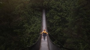 橋、男、船外、木、森、バンクーバー、カナダ