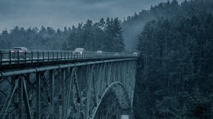 bridge, mountains, cars, evening
