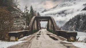 bridge, mountains, cloudy - wallpapers, picture
