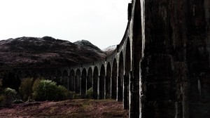 bridge, mountains, ruins