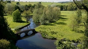 bridge, meadows, meadow, height, trees, stone, arches - wallpapers, picture