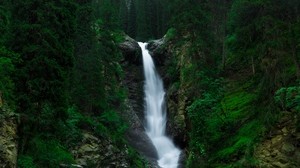 waterfall, cliff, flow, trees, stones