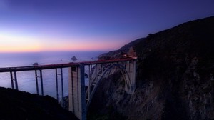 bridge, sea, cliff, backlight, night, sky, long exposure