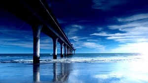 bridge, piers, pier, columns, shore, beach, waves, dawn, blue
